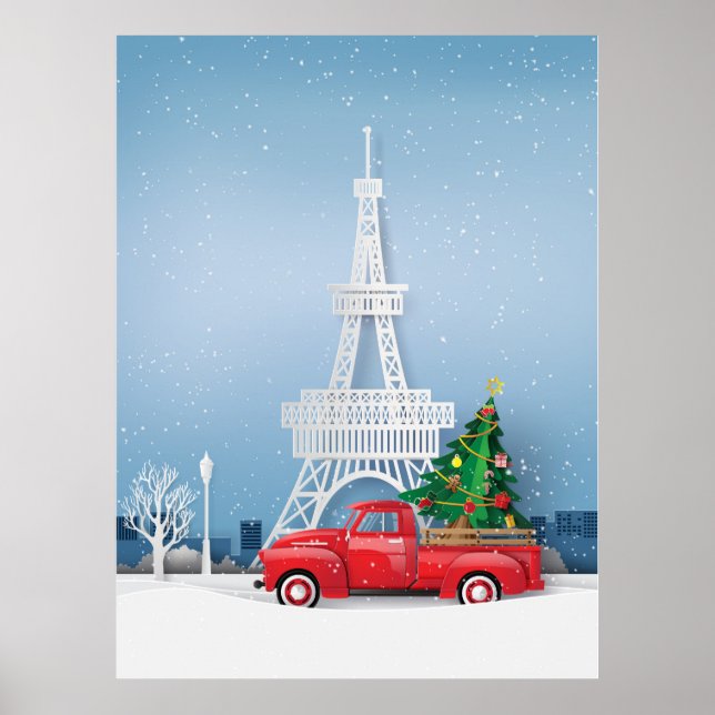 Paris Eiffeltornet Röd lastbil jul Poster (Framsidan)