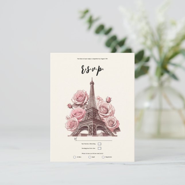 Paris Eiffeltornet & Rosa Rosor Party Bröllop RSVP Inbjudningar (Stående Fram)