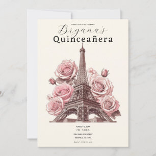 Paris Eiffeltornet & Rosa Rosor Quinceañera Inbjudningar