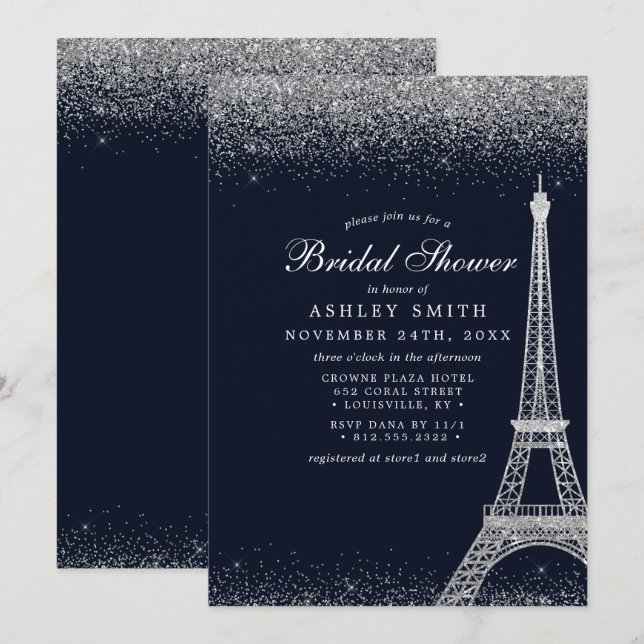 Paris Eiffeltornet Silver Glitter Bröllopsfest Inbjudningar (Fram/baksida)