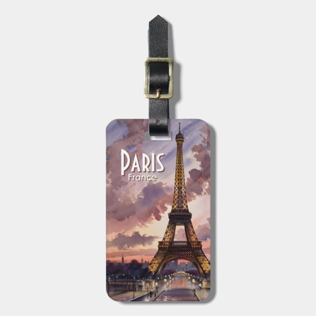 Paris Eiffeltornet Skymning Akvarell Anpassad Text Bagagebricka (Vertikal Framsida)