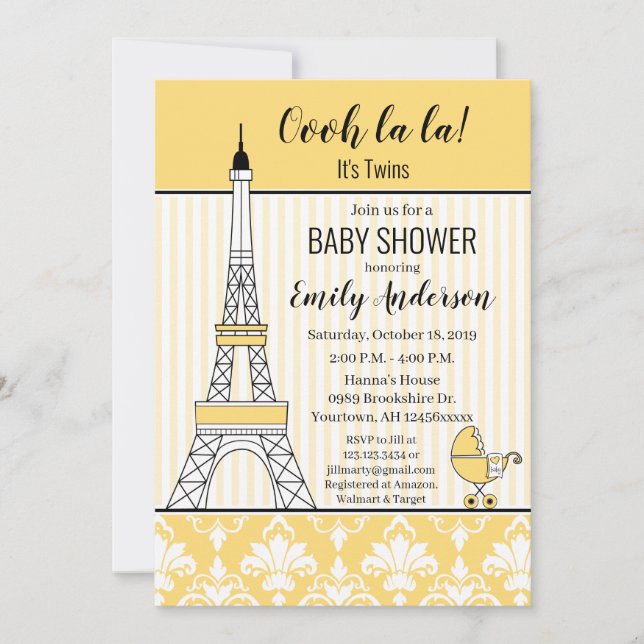 Paris Eiffeltornet Tema Bebis Kalas Gul Inbjudningar (Framsida)