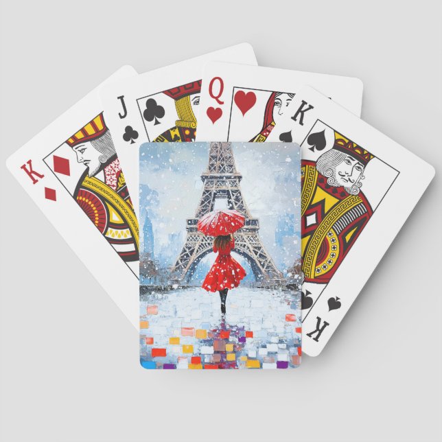 Paris Eiffeltornet Vinterromantik Röd Paraply  Casinokort (Baksidan)