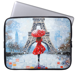 Paris Eiffeltornet Vinterromantik Röd Paraply Laptop Fodral