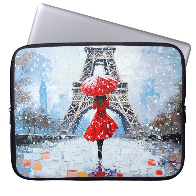 Paris Eiffeltornet Vinterromantik Röd Paraply  Laptop Fodral (Framsidan)