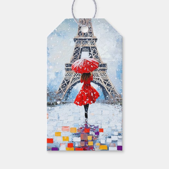 Paris Eiffeltornet Vinterromantik Röd Paraply  Presentetikett (Framsidan)
