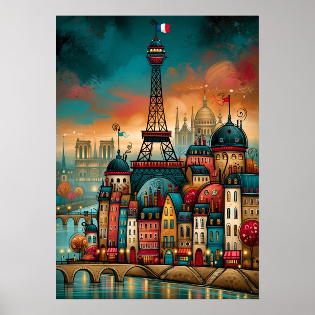 Paris Eiffeltornet Whimsical stadsbild Poster (Framsidan)