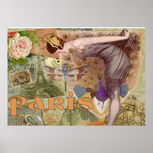 Paris Flapper Vintage Dam Peacock Poster (Framsidan)