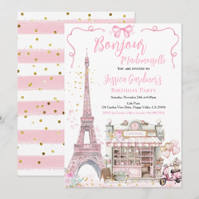 Paris Födelsedagsfest Bonjour Mademoiselle Rosa Inbjudningar (Fram/baksida)
