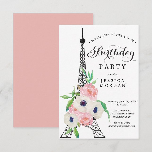 Paris Födelsedagsfest inbjudan kort Eiffel Torn (Fram/baksida)