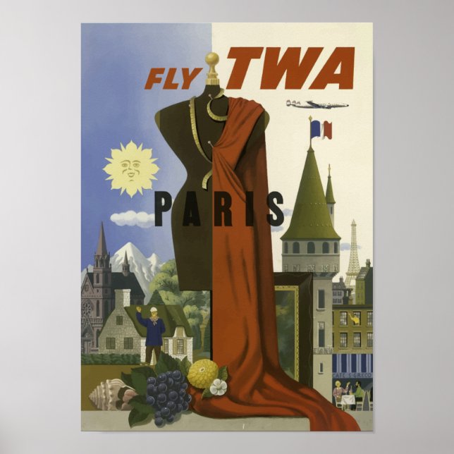 Paris France Aviation Airline Vintage Travel Poster (Framsidan)