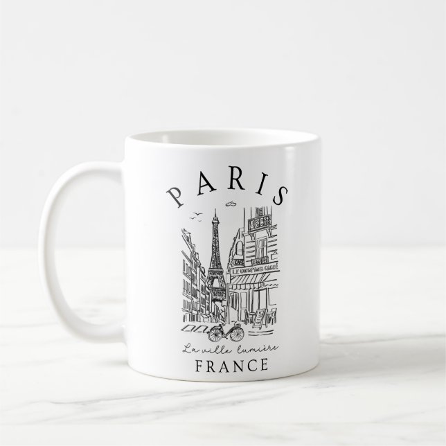 Paris France –  Sketch with Eiffel Tower & Café Kaffemugg (Vänster)