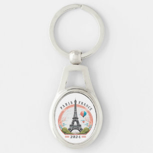 Paris Frankrike 2024 Keychains, Eiffel Torn Ovalt Silverfärgad Nyckelring