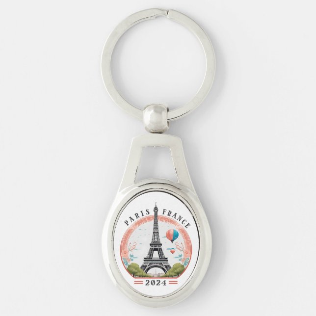 Paris Frankrike 2024 Keychains, Eiffel Torn Ovalt Silverfärgad Nyckelring (Framsidan)