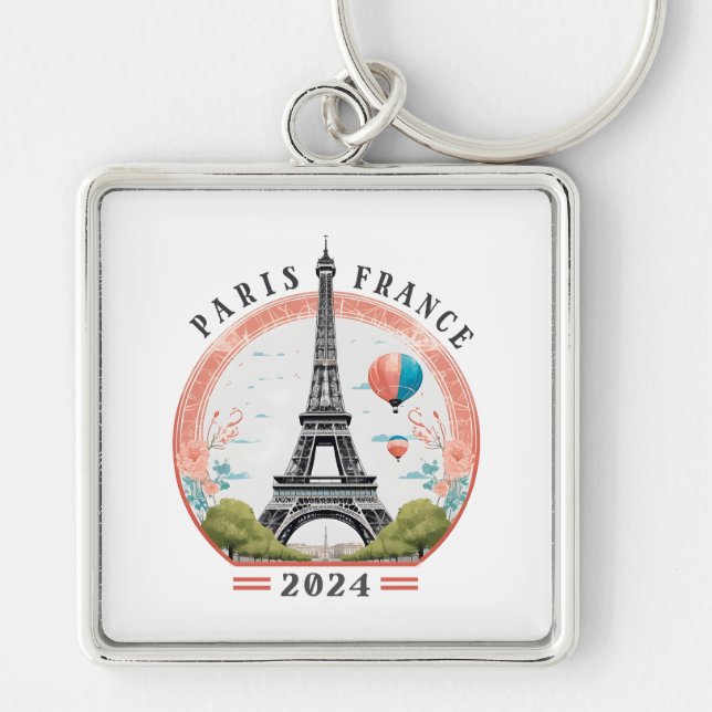 Paris Frankrike 2024 Keychains, Paris Frankrike 20 Fyrkantig Silverfärgad Nyckelring (Framsidan)