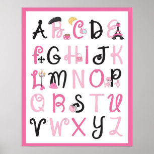 Paris Frankrike Alfabet A till Ö på het rosa Poster