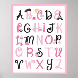 Paris Frankrike Alphabet A till Z på Ljus rosa Poster