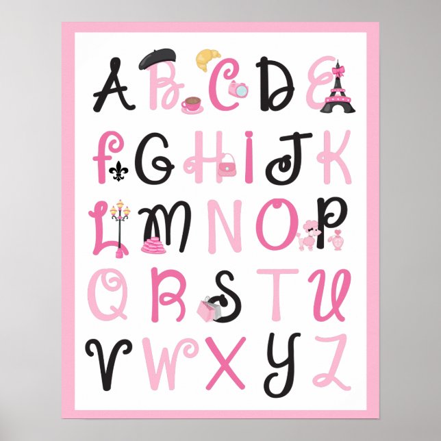 Paris Frankrike Alphabet A till Z på Ljus rosa Poster (Framsidan)
