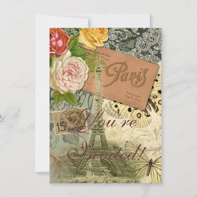 Paris Frankrike Antik Konst Collage Eiffeltornet F Inbjudningar (Framsida)