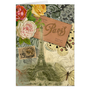 Paris Frankrike Antique Artwork Collage Eiffel Fra Hälsningskort