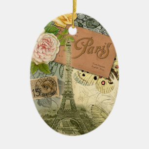Paris Frankrike Antique Artwork Collage Eiffel Fra Julgransprydnad Keramik