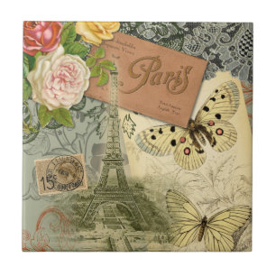 Paris Frankrike Antique Artwork Collage Eiffel Fra Kakelplatta