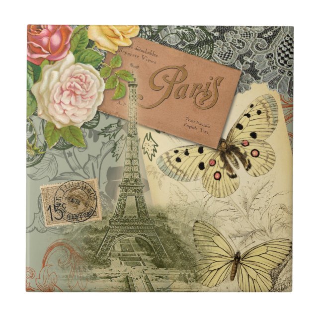 Paris Frankrike Antique Artwork Collage Eiffel Fra Kakelplatta (Framsidan)
