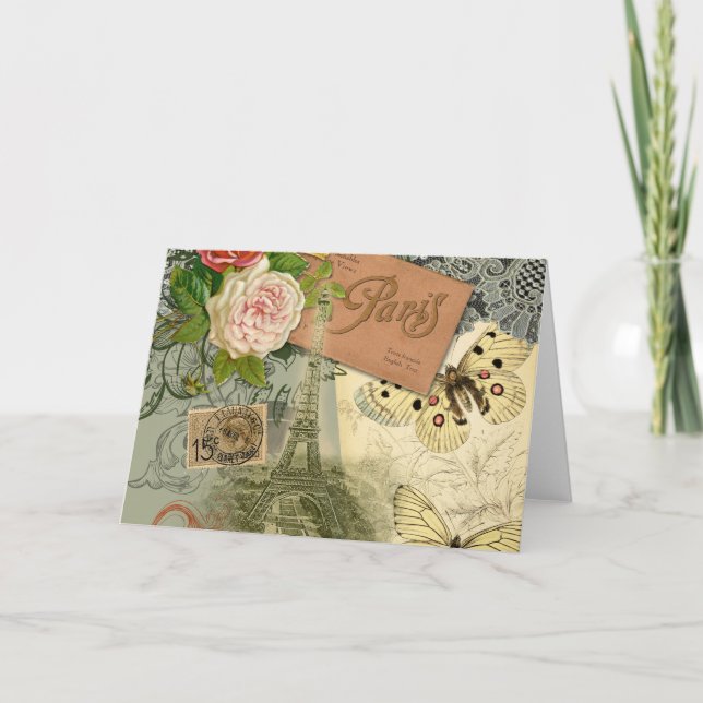 Paris Frankrike Antique Artwork Collage Eiffel Fra Kort (Framsida)