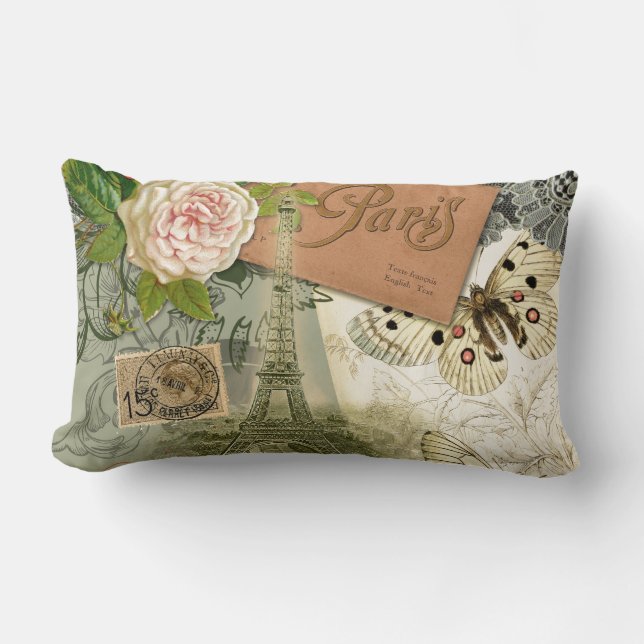 Paris Frankrike Antique Artwork Collage Eiffel Fra Lumbarkudde (Framsida)