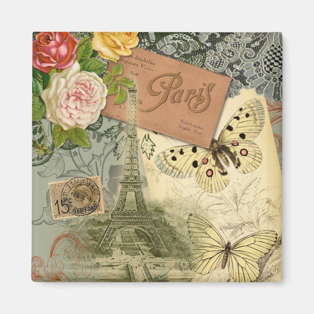 Paris Frankrike Antique Artwork Collage Eiffel Fra Magnet (Framsidan)
