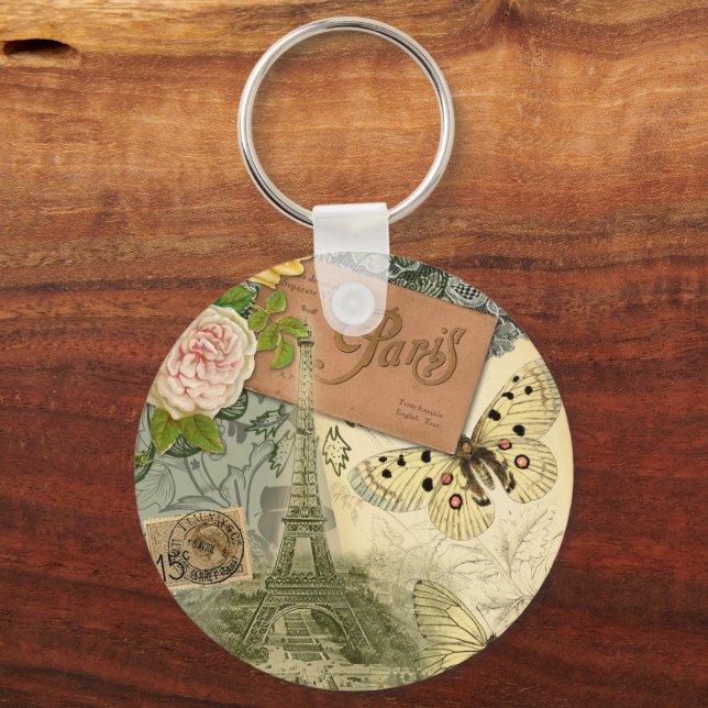 Paris Frankrike Antique Artwork Collage Eiffel Fra Nyckelring (Framsida)