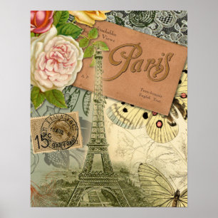 Paris Frankrike Antique Artwork Collage Eiffel Fra Poster