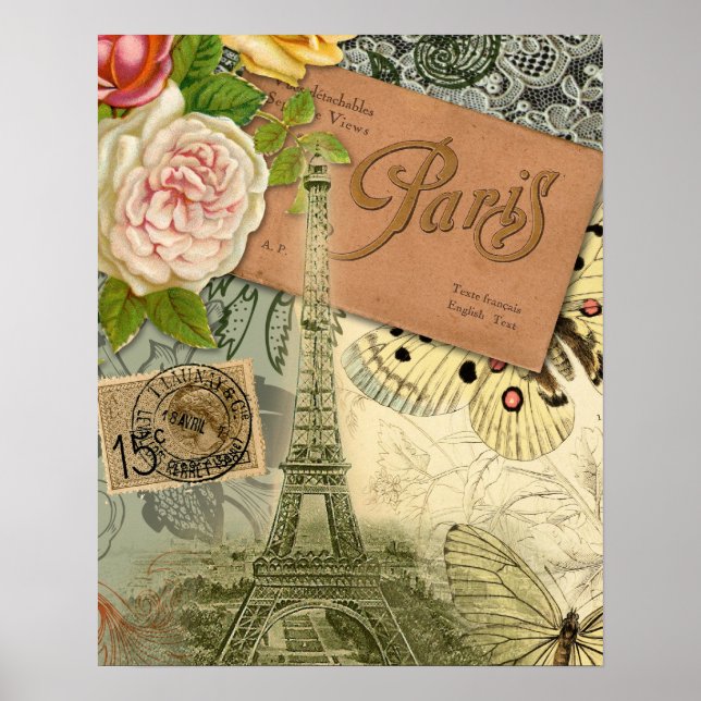 Paris Frankrike Antique Artwork Collage Eiffel Fra Poster (Framsidan)