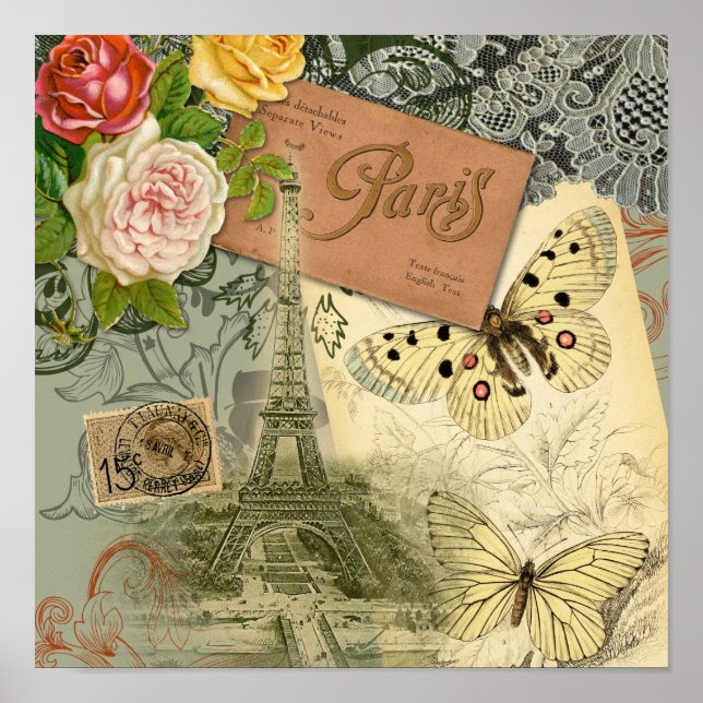 Paris Frankrike Antique Artwork Collage Eiffel Fra Poster (Framsidan)