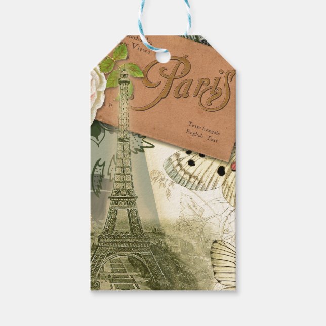Paris Frankrike Antique Artwork Collage Eiffel Fra Presentetikett (Framsidan)