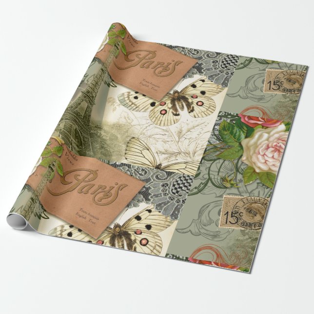 Paris Frankrike Antique Artwork Collage Eiffel Fra Presentpapper (Utrullad)