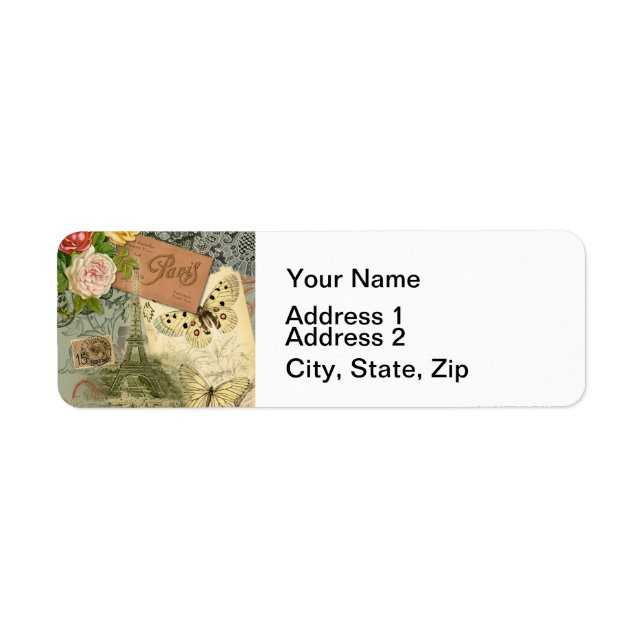 Paris Frankrike Antique Artwork Collage Eiffel Fra Returadress Etikett (Framsidan)