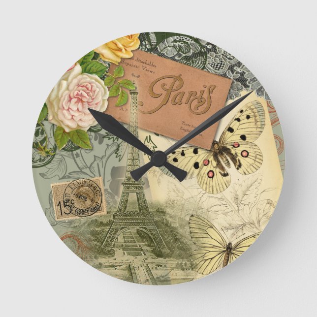 Paris Frankrike Antique Artwork Collage Eiffel Fra Rund Klocka (Framsida)