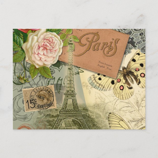Paris Frankrike Antique Artwork Collage Eiffel Fra Vykort (Framsida)