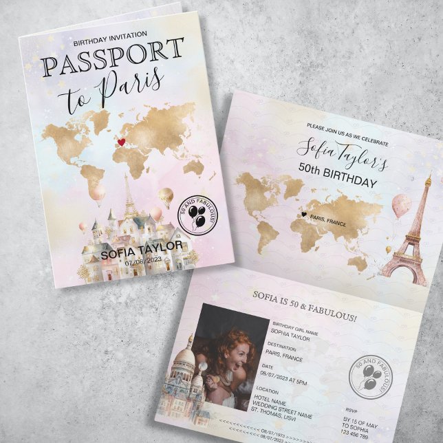 Paris Frankrike Birthday Pass Karta Inbjudan (paris birthday passport invitation with pastel watercolor illustrations and gold world map)