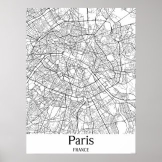 Paris Frankrike Black och White City Karta Poster