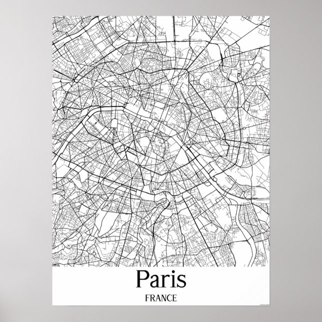 Paris Frankrike Black och White City Karta Poster (Framsidan)