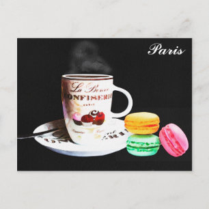 Paris Frankrike Café Kaffe Makaroner Akvarell Vykort