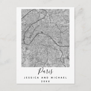 Paris Frankrike City Karta par Namn Date Black Whi Vykort