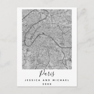Paris Frankrike City Karta par Namn Date Black Whi Vykort