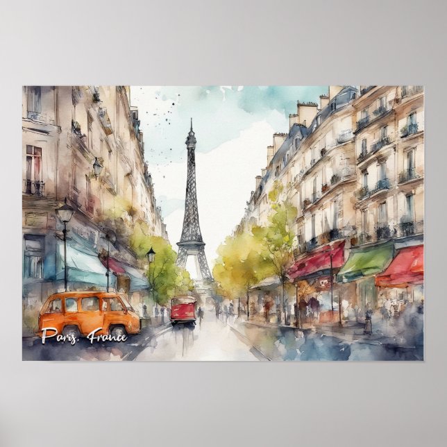 Paris Frankrike City Silhouette Watercolor Poster (Framsidan)