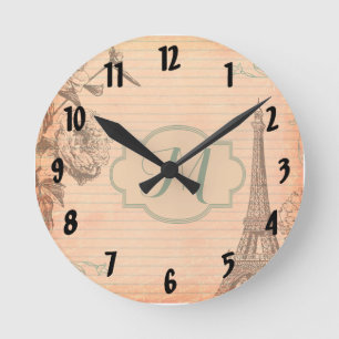 Paris Frankrike Eiffel Monogram initial Wall Clock Rund Klocka