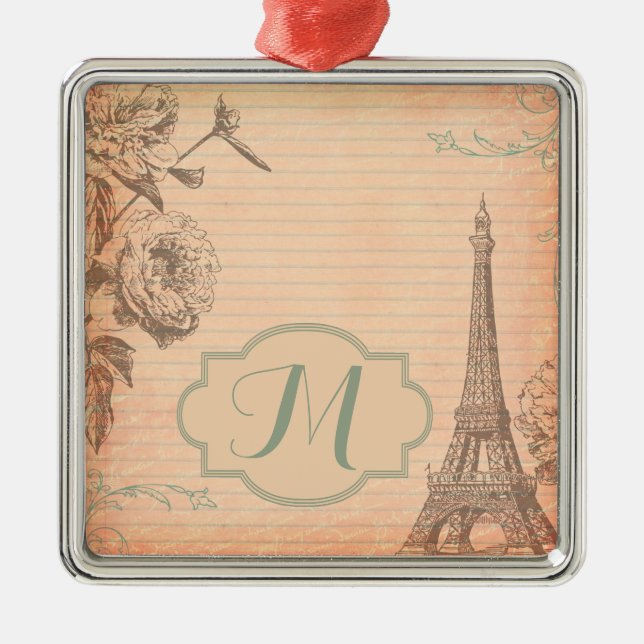 Paris Frankrike Eiffel Torn Shabby Monogram Orname Julgransprydnad Metall (Framsidan)