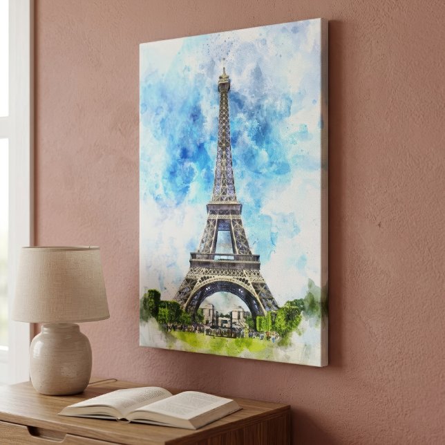 Paris Frankrike Eiffeltornet Akvarell Canvastryck (Paris France Eiffel Tower Watercolor. Canvas Print)