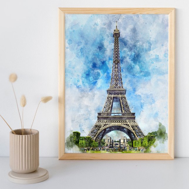 Paris Frankrike Eiffeltornet Akvarell Fototryck (Paris France Eiffel Tower Watercolor. Photo Print)